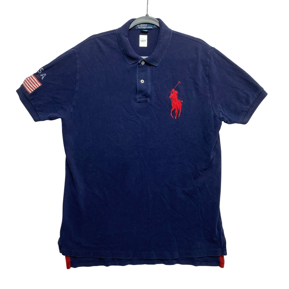 Polo Ralph Lauren Polo Shirt Mens L Navy Blue Big Pony USA Flag Button Down